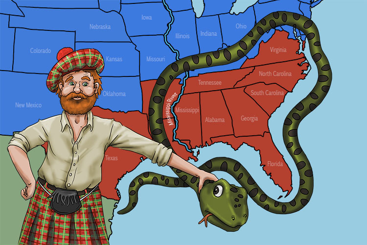 The anaconda snake (Anaconda Plan) was let loose around the ports and came down the Mississippi River. To ensure the snake stayed and the Union were the winners, a Scottish man (Winfield Scott) had hold of its head.